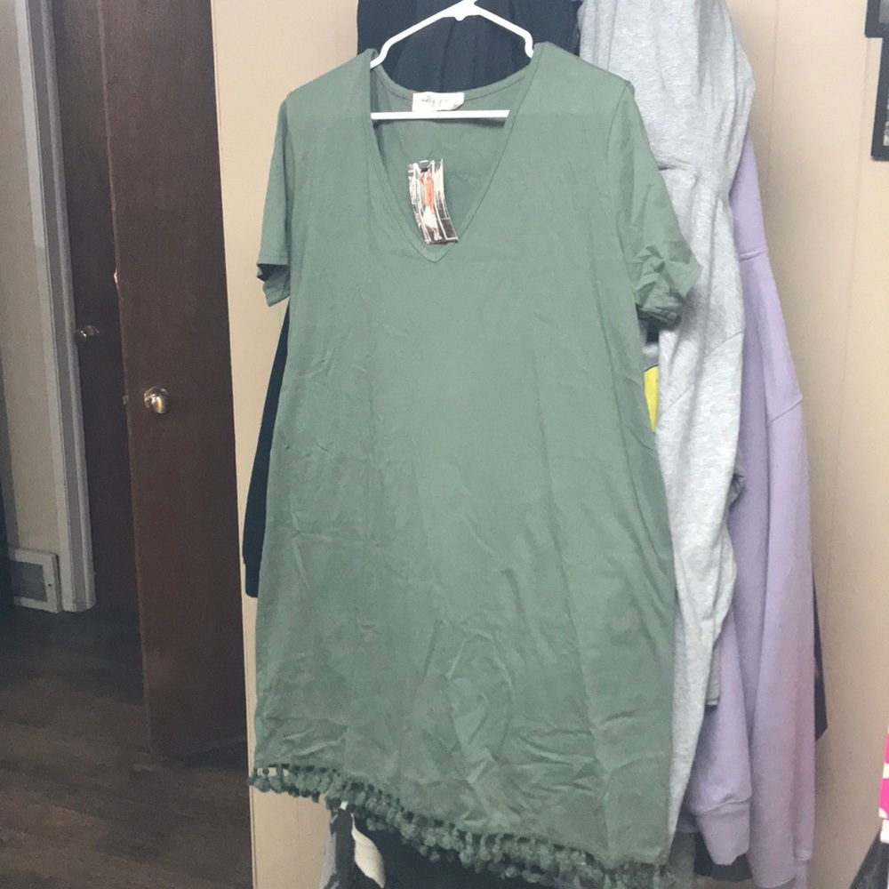 Army Green Fringe T-shirt Dress
